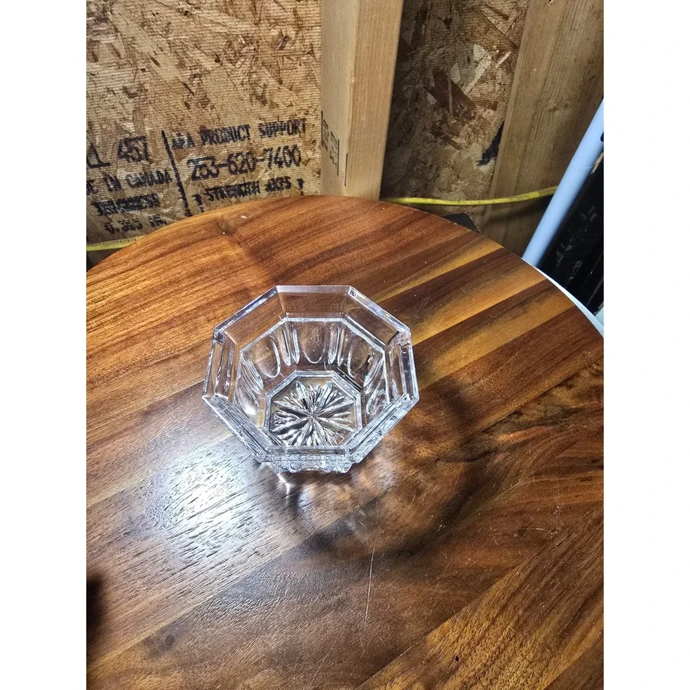 Vintage Octagonal Crystal Glass Small Bowl Starburst Base Thumbprint Cut 3.5